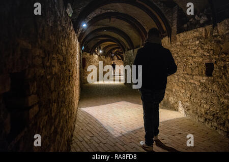 COLLE VAL D'elsa, Italia - 26 dicembre 2018: il tunnel di ascensore di cristallo nel centro storico di Colle di Val d'Elsa, in provincia di Siena Foto Stock