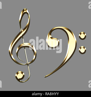 Golden chiave di violino e bass clef illustrazione segni su sfondo grigio - chiave di sol - simboli musicali Foto Stock