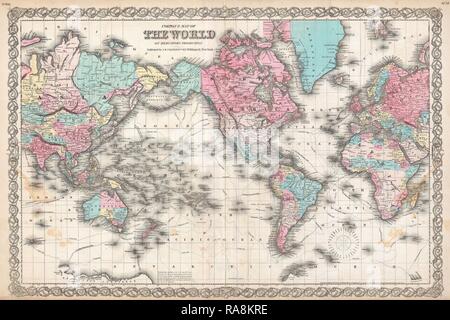 1855, Colton mappa del mondo sulla proiezione di Mercatore. Reinventato da Gibon. Arte Classica con un tocco di moderno reinventato Foto Stock