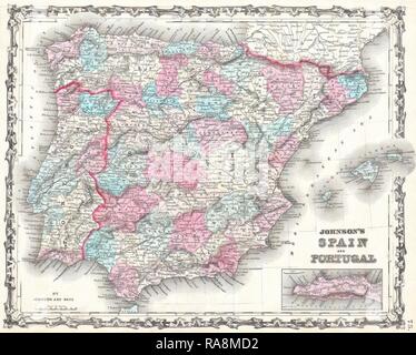 1862, Johnson Mappa della Spagna e del Portogallo. Reinventato da Gibon. Arte Classica con un tocco di moderno reinventato Foto Stock