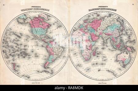 1862, Johnson mappa del mondo sulla proiezione emisfero. Reinventato da Gibon. Arte Classica con un tocco di moderno reinventato Foto Stock