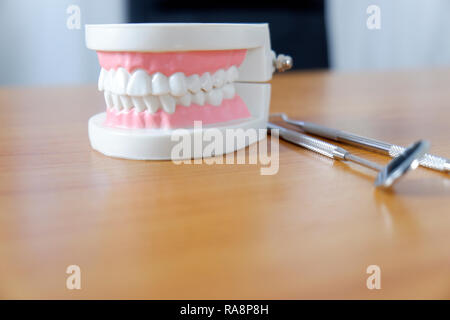 Denti sul modello del dentista tabella in ufficio, di medici e dentisti concept Foto Stock