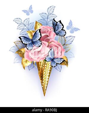 Golden waffle coni con le rose rosa, decorata con oro e blu foglie, con seduta, realistici farfalle blu su sfondo bianco. Illustrazione Vettoriale