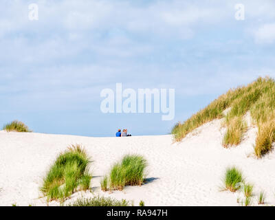 Vista posteriore di due persone sedute insieme rilassante sulla duna di sabbia nella riserva naturale Het Oerd sulla West Frisone isola Ameland, Friesland, Paesi Bassi Foto Stock