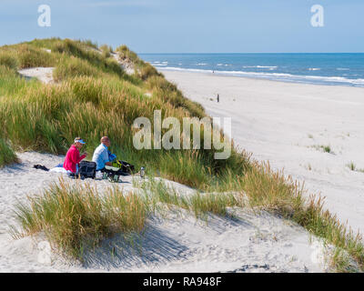 Le persone aventi picnic sulla duna di sabbia affacciata sulla spiaggia e sul Mare del Nord ad ovest sulla Frisone isola Ameland, Friesland, Paesi Bassi Foto Stock