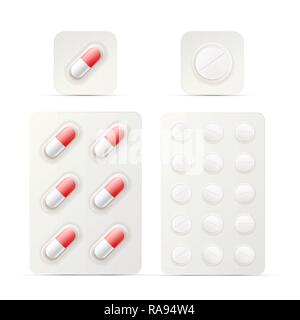 Set di Lucida Bright pillole in blister isolato su bianco Illustrazione Vettoriale