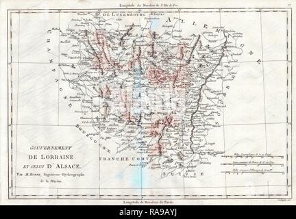 1780, Bonne mappa dell'Alsazia e Lorainne, Francia, Rigobert Bonne 1727 - 1794, uno dei più importanti cartografi reinventato Foto Stock