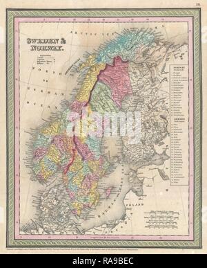 1850, Mitchell Mappa della Scandinavia, Norvegia, Svezia, Danimarca e Finlandia. Reinventato da Gibon. Arte Classica con un moderno reinventato Foto Stock