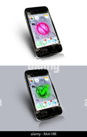 Iphone 4 rotto display luminosi e il logo Apple, cartelli di avvertimento, il segno di spunta, simbolo di riciclaggio Foto Stock