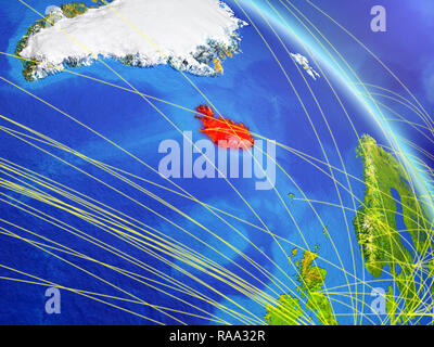 Islanda da spazio sul modello del pianeta Terra con la rete. Concetto di tecnologia digitale, connettività e viaggi. 3D'illustrazione. Gli elementi di questo im Foto Stock