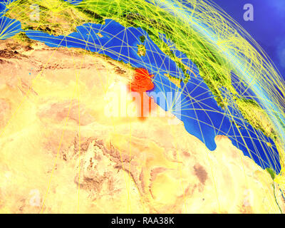 Tunisia da spazio sul modello del pianeta Terra con la rete. Concetto di tecnologia digitale, connettività e viaggi. 3D'illustrazione. Gli elementi di questo im Foto Stock