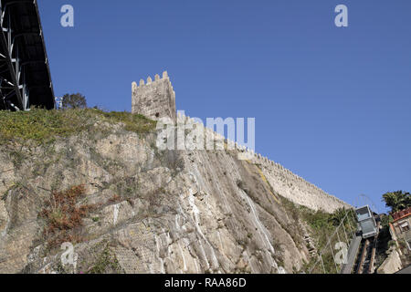 Il Vecchio Porto architettura di vedere il vecchio muro medievale sulla collina di granito, la famosa funicolare e la parte di uno dei vecchi ponti di ferro contro il profondo blu del cielo Foto Stock