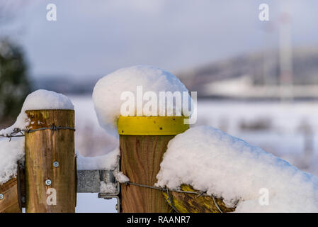 Due snowy posti di legno, paesaggio invernale in background Foto Stock