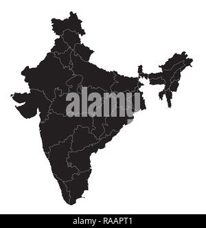 India amministrativo nero mappa vettoriale su sfondo bianco Illustrazione Vettoriale