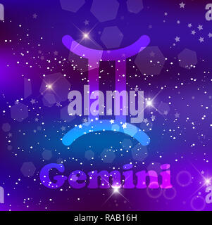 Gemini segno zodiacale e costellazione sul cosmica sfondo viola con stelle luccicanti e nebulosa. illustrazione, banner, poster, gemelli card. Spazio, AST Foto Stock