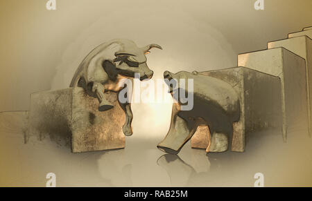 Uno schizzo a matita e acquarello tecnica di due gold cast statuette raffiguranti un toro stilizzato e un orso che rappresentano il mercato finanziario tendenze su te Foto Stock