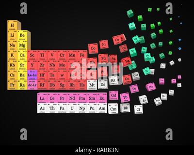 La dissoluzione di tavola periodica sfondo nero. cubi colorati da gruppi di elementi. Adatto per, fisica, scienze, tecnologia e istruzione temi. 3d illus Foto Stock