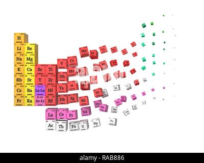 La dissoluzione di tavola periodica concetto. cubi colorati da gruppi di elementi. Adatto per, fisica, scienze, tecnologia e istruzione temi. 3d illustrazione Foto Stock