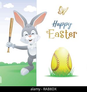 Felice Pasqua. Sport biglietto di auguri. Simpatico coniglio con uovo di softball e bat. Illustrazione Vettoriale. Illustrazione Vettoriale