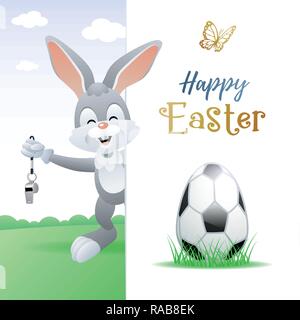 Felice Pasqua. Sport biglietto di auguri. Simpatico Coniglio di calcio con uovo e fischietto. Illustrazione Vettoriale. Illustrazione Vettoriale