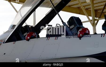 Un F-16D Thunderbird jet arriva sul campo Dannelly presso il Montgomery Rgional Aeroporto, 25 gennaio, 2017. Come Capt. Erik Gonsalves, U.S. Air Force Thunderbird pilota, è arrivato, ha condotto un sondaggio di volo di Maxwell Air Force Base e la zona circostante per la imminente Air Show. Foto Stock