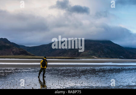 Marghera, County Donegal, Irlanda. Il 3° gennaio 2019. Un beachcomber guarda verso Slievetooey di montagna o di Sliabh Tuaidh in lingua irlandese che sorge a 510 metri sopra il livello del mare e spesso viene rabboccato con la nebbia, mare di nebbia o nuvole basse. Credito: Richard Wayman/Alamy Live News Foto Stock