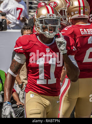 Santa Clara, California, USA. 24 Ago, 2014. San Francisco 49ers wide receiver Patton Quinton (11) celebra la cattura di passare la domenica, 24 agosto 2014 in Santa Clara, California. Il 49ers sconfitto il caricabatterie 21-7 in una partita di preseason. Credito: Al di Golub/ZUMA filo/Alamy Live News Foto Stock
