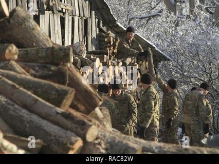 CAMP ADAZI, Lettonia - paracadutisti assegnato alla società scelta 2° Battaglione, 503rd Reggimento di Fanteria, 173rd Brigata Aerea, stock di legna da ardere a Bērzupes Esigenze Speciali Boarding School di Dobele, Lettonia, Gennaio 17, 2017. La missione è stata condotta in collaborazione con gli Stati Uniti Ambasciata e soldati lettone per fornire una alimentazione di legna da ardere per riscaldare la scuola. Il 'Sky soldato' di 2 miliardi di euro., 503rd Inf. Regt. sono su di una rotazione della formazione a sostegno del funzionamento Atlantic risolvere, un led DEGLI STATI UNITI sforzo in Europa orientale che dimostra l'impegno degli Stati Uniti per la sicurezza collettiva della NATO e la dedizione alla enduri Foto Stock