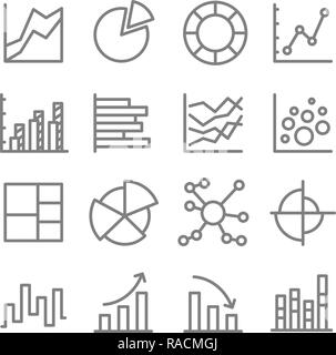 Grafici e diagrammi vettoriali Icona Linea Set. Contiene le icone come grafico a bolle, istogramma, grafico a torta, grafici a barre e più. Corsa estesa Illustrazione Vettoriale