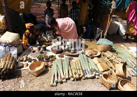 Dhuruba donne al mercato tribale bancarella vendendo tree resine usate per un repellente per le zanzare, miglio e di frutti a secco, Jeypore, Odisha, India, Asia Foto Stock