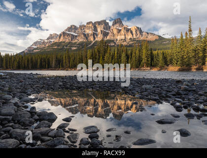 Castle Mountain e il Fiume Bow tramonto e riflessione, il Parco Nazionale di Banff, Sito Patrimonio Mondiale dell'UNESCO, Alberta, Canadian Rockies, Canada, America del Nord Foto Stock