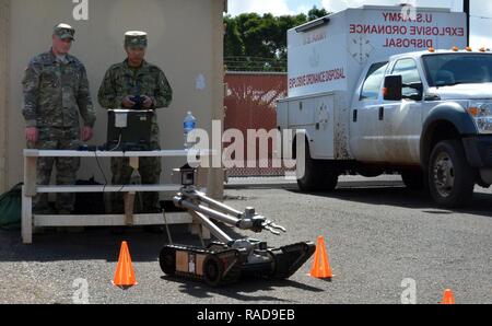 SCHOFIELD caserma, Hawaii- Spc. Tyler Robertson, membro del team, sessantacinquesimo inesplosi società di smaltimento (EOD), 303inesplosi battaglione di smaltimento (EOD), 8 Polizia Militare brigata, Teatro 8 Supporto comando, aiuta un soldato del Giappone terra Forza di Autodifesa operare un robot durante un argomento oggetto di scambio di esperti tenutasi a gennaio 25-26, qui. Foto Stock