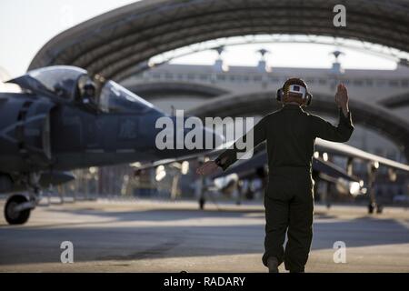 Un U.S. Marine assegnato al Marine squadrone di attacco (VMA) 542, dirige un AV-8B Harrier pilota sul flightline al Marine Corps Air Station Cherry Point, N.C., 1 febbraio 2017. VMA-542 stava tornando a casa da una distribuzione con il ventiduesimo Marine Expeditionary Unit. Foto Stock