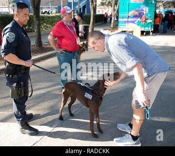 Una San Francisco funzionario di polizia introduce il suo K-9 a una ventola alla scoperta di verde nel centro cittadino di Houston, Gennaio 31, 2017. Le agenzie incaricate di fare rispettare la legge dal fronte del Paese e territori degli Stati Uniti sono venuti insieme per fornire un evento di sicuro per le ventole e patroni del Super Bowl 51. Stati Uniti Coast Guard Foto Stock