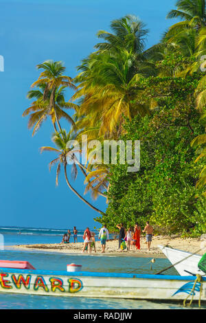 Pigeon Point, Tobago, Caraibi, famiglia o di un gruppo di persone che passeggiano lungo la spiaggia con palme ondeggianti, blu cielo e mare blu.ritratto. In verticale Foto Stock