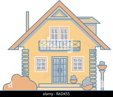 Mattone cosy cottage house con un balcone, soffitta e grandi finestre. Illustrazione vettoriale EPS file 10. Illustrazione Vettoriale