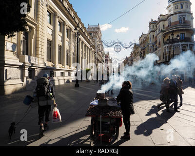 Venditore ambulante di vendita castagne arrosto nel centro della città vecchia di Siviglia, in Andalusia, Spagna Foto Stock