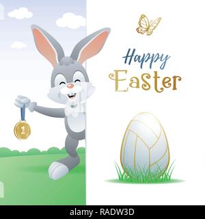 Felice Pasqua. Sport biglietto di auguri. Simpatico coniglio con uovo di pallavolo e medaglia d'oro. Illustrazione Vettoriale. Illustrazione Vettoriale
