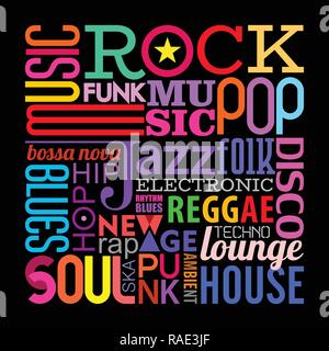 Il testo colorato composizione disegno con diversi stile musicale nomi isolati su uno sfondo nero. Gli stili di musica illustrazione vettoriale. Strati di t Illustrazione Vettoriale