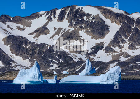 Iceberg, forme scolpite, il re Federico vi costa a fiordo Skjoldungen, gloriosa meteo, remote a sud est della Groenlandia, Danimarca, regioni polari Foto Stock