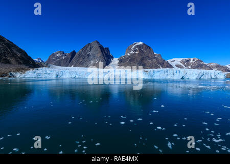 Thryms (Thrym) Glacier, grandi, ritirandosi, tidewater ghiacciaio, Skjoldungen Fjord, gloriosa meteo, remote a sud est della Groenlandia, Danimarca, regioni polari Foto Stock