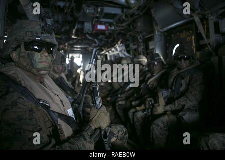 Stati Uniti Marine Corps 1Lt. Patrick McNamara, comandante di compagnia con Kilo Company, 1° Divisione Marine, 1° Marine forza expeditionary, sinistro e il suo Marines sono trasportati su un Bell Boeing V-22 Osprey assegnato a mezzo marino Tiltrotor Squadron 166, 3d Marine ALA DI AEROMOBILE su Marine Corps base Camp Pendleton, California, 1 febbraio 2017. Agile il fulmine è un esercizio congiunto che dimostra in aria e a terra per provare e migliorare competenze operative. Foto Stock