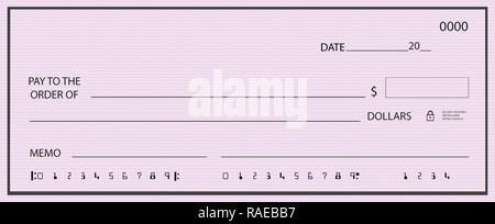 Assegno in bianco con sfondo generico e numeri falsi Foto Stock