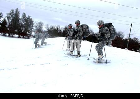 Soldati con la 181st multifunzione brigata di formazione partecipare a escursioni con le racchette da neve-skills training session at Area Formazione D-10 a gennaio 26, 2017 come parte delle prime operazioni alle basse temperature corso a Fort McCoy, Wis. Il corso è stata una prova di principio l'evento di formazione dalla direzione dei piani, di formazione, di mobilitazione e di sicurezza progettato per insegnare ai dirigenti junior - come noncommissioned ufficiali e ufficiali subalterni - di utilizzare le truppe dell'esercito a freddo di attrezzature climatiche. Foto Stock