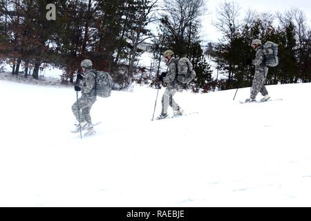 Soldati con la 181st multifunzione brigata di formazione partecipare a escursioni con le racchette da neve-skills training session at Area Formazione D-10 a gennaio 26, 2017 come parte delle prime operazioni alle basse temperature corso a Fort McCoy, Wis. Il corso è stata una prova di principio l'evento di formazione dalla direzione dei piani, di formazione, di mobilitazione e di sicurezza progettato per insegnare ai dirigenti junior - come noncommissioned ufficiali e ufficiali subalterni - di utilizzare le truppe dell'esercito a freddo di attrezzature climatiche. Foto Stock