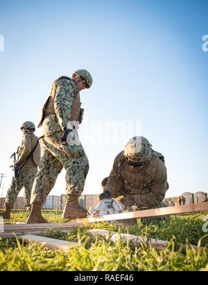 CAMP PENDLETON, California (Gen. 25, 2017) - Seabees attaccata alla costruzione di anfibio battaglione 1 tagliato lombari per travature durante la formazione sul campo di allenamento (FTX) 2017. FTX 2017 è uno scenario di esercizio di base progettato per addestrare e testare il battaglione Seabee nel combattere la guerra. Foto Stock