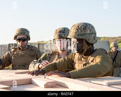 CAMP PENDLETON, California (Gen. 25, 2017) - Seabees attaccata alla costruzione di anfibio battaglione 1 costruzione di travi reticolari durante la formazione sul campo di allenamento (FTX) 2017. FTX 2017 è uno scenario di esercizio di base progettato per addestrare e testare il battaglione Seabee nel combattere la guerra. Foto Stock