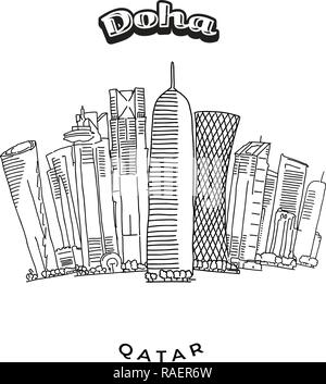 Torri di Doha Skyline. Disegnate a mano illustrazione vettoriale. Famose destinazioni di viaggio serie. Illustrazione Vettoriale