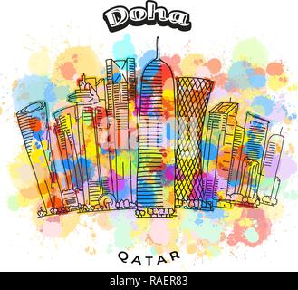 Doha in Qatar colorato skyline. Disegnate a mano illustrazione vettoriale. Famose destinazioni di viaggio serie. Illustrazione Vettoriale