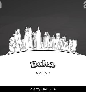 Doha in Qatar skyline contorno. Disegnate a mano illustrazione vettoriale. Famose destinazioni di viaggio serie. Illustrazione Vettoriale